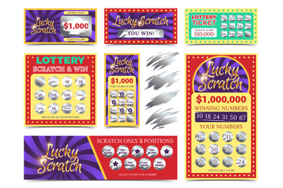 Winning lotto tickets and scratch cards vector set