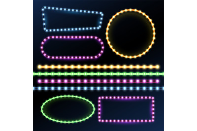 Neon and led strips and diode light border frames vector set