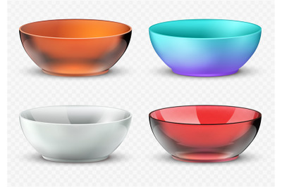 Empty realistic vector food bowls. Plastic, glass and porcelain kitche
