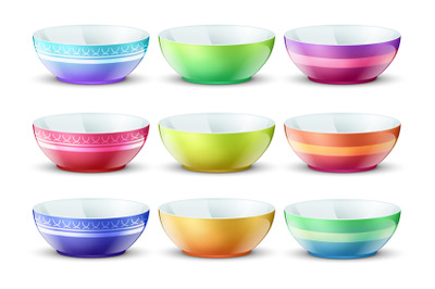 Colourful empty bowls isolated. Porcelain kitchen food plates vector s
