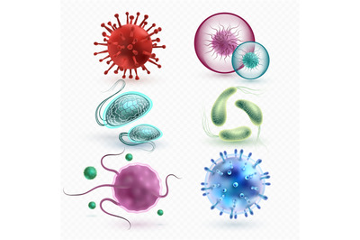 Realistic 3d microscopic viruses and bacteria isolated vector set