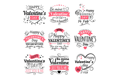 Valentines Day typography, ribbon banners and decoration elements vect