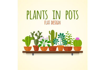 Flat cactuses and home plantas vector concept