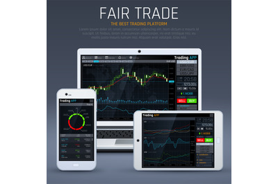 Laptop and smartphone with business market app. Financial charts and e