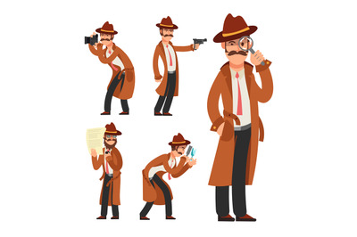 Cartoon private detective. Police inspector vector character set