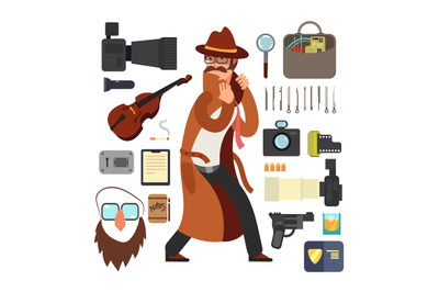 Cartoon surveillance detectives with equipment vector set for investig