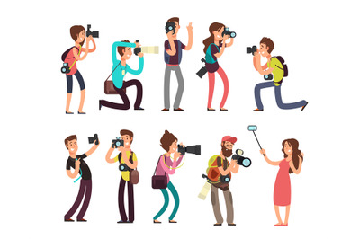 Funny professional photographer with camera taking photo in different