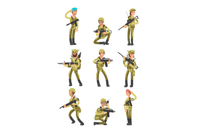 Cartoon soldiers in various actions. Military men with weapons. People