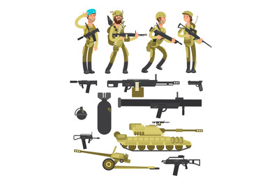 Military soldiers with ammunition, guns and weapons isolated vector co