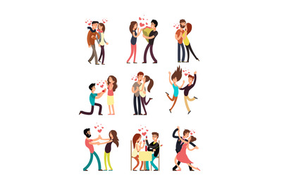 Happy young couples in love, vector valentine cartoon characters