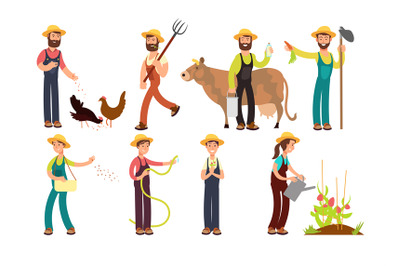 Cartoon farmer and gardeners with tools and farm animals vector charac