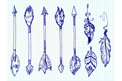 Ballpoint pen feathers and arrows set on notebook page