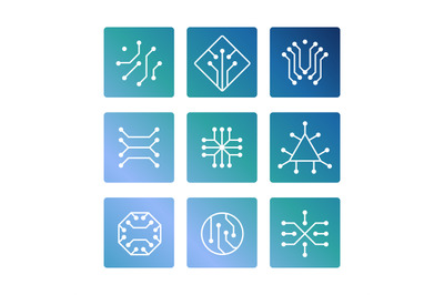 Electronic computer chip circuit and motherboard equipment icons set