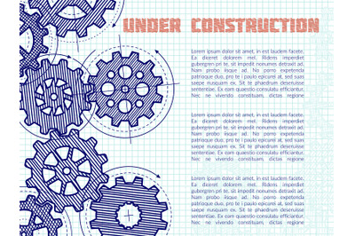 Under construction vector background with hand drawn gears on notebook