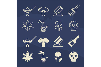 Line and silhouette icons of illegal drug