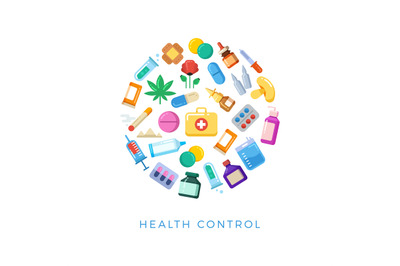 Medicinal health control round concept - bright pills bottles drugs ic