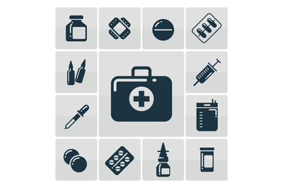 First aid kit silhouette icons set