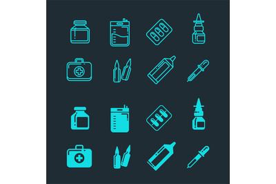 Pills, drugs, pharmacy medicine, medication line and silhouette icons