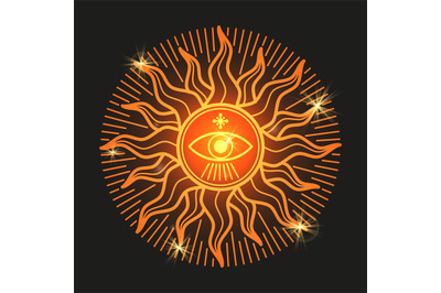 Esoteric mystery shiny sun sign on black background