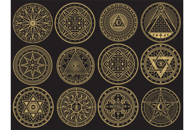 Golden mystery, witchcraft, occult, alchemy, mystical esoteric symbols