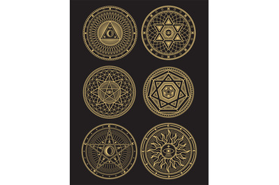 Golden occult, mystic, spiritual, esoteric vector symbols