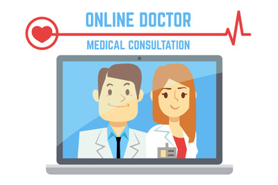 Flat male and female online doctor, internet computer health service