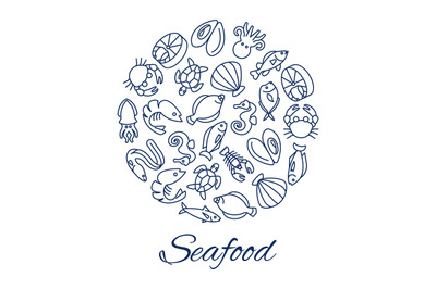 Seafood line icons round concept with fishes oyster crabs isolated on