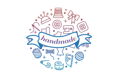 Bright handmade work round concept with line icons and banner