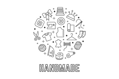 Handmade round logo design with taylor sewing linear icons isolated on