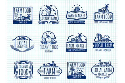 Ballpoint pen doodle farm and organic food vector labels on notebook p
