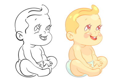 Cartoon baby coloring page with colorfull sample