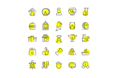 Pet shop, animals and pets accessorises linear icons