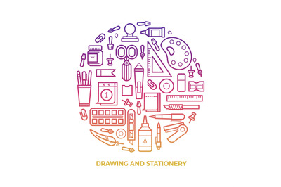 Bright stationery and drawing line icons round