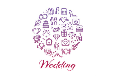 Bright wedding line icons round concept