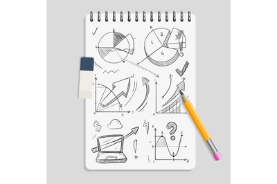 Business graphics pencil sketches on realistic notebook with eraser an