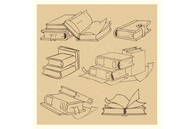 Hand drawn books sketch grunge icons set