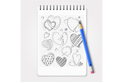 Hand drawn hearts set with realistic pencil and notebook