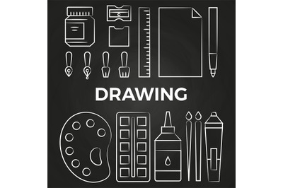 Hand drawn linear drawing stationery icons on chalkboard