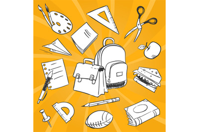 Necessary students things - hand drawn stationery, school bags, food o