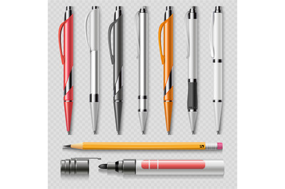 Realistic office stationery isolated on transparent background - pens,