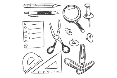 Stationery sketch set - scissors pencil pen button isolated on white b