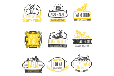 Hand drawn farm market organic food labels set