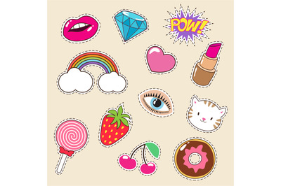 Cute colourful girl vector fashion patches. Lipstick, rainbow, diamond