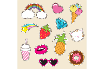 Cartoon fashionable vector girl patches collection. Ice cream&2C; cupcake