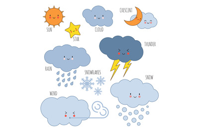 Cartoon weather kids vocabulary vector icons