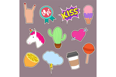 Unicorn&2C; cactus&2C; kiss embroidery word icons. Cute fashion girl patches