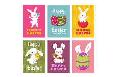 Happy Easter vector greeting cards with cartoon bunny rabbit and easte