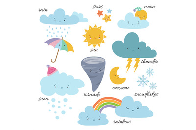 Cute cartoon weather icons. Forecast meteorology vector vocabulary sym