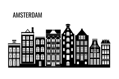 Row of old typical amsterdam houses vector silhouettes