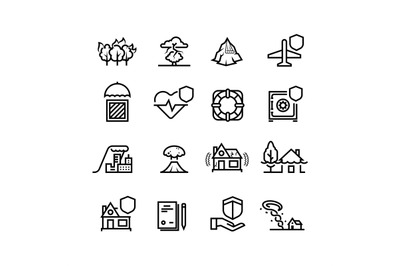 Insurance cases and natural disasters line icons. Property, life and h